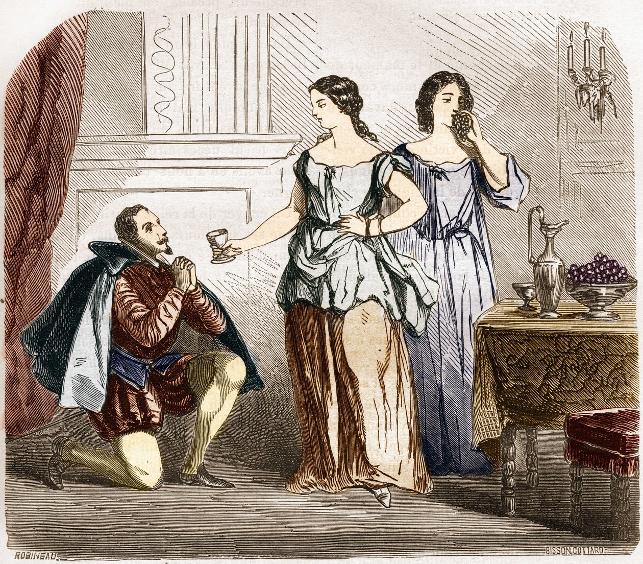 Enrique IV (1553-1610), Rey de Francia siendo servido por mujeres semidesnudas. Grabado en 