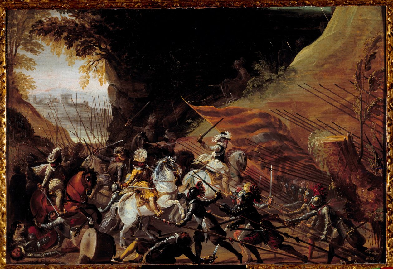Enrique IV (1589-1610) cargando a la cabeza de su caballería. Pintura anónima francesa del siglo XVII. Óleo sobre madera. Dim: 0.35 X 0.52m. Pau, Museo del Castillo de French School