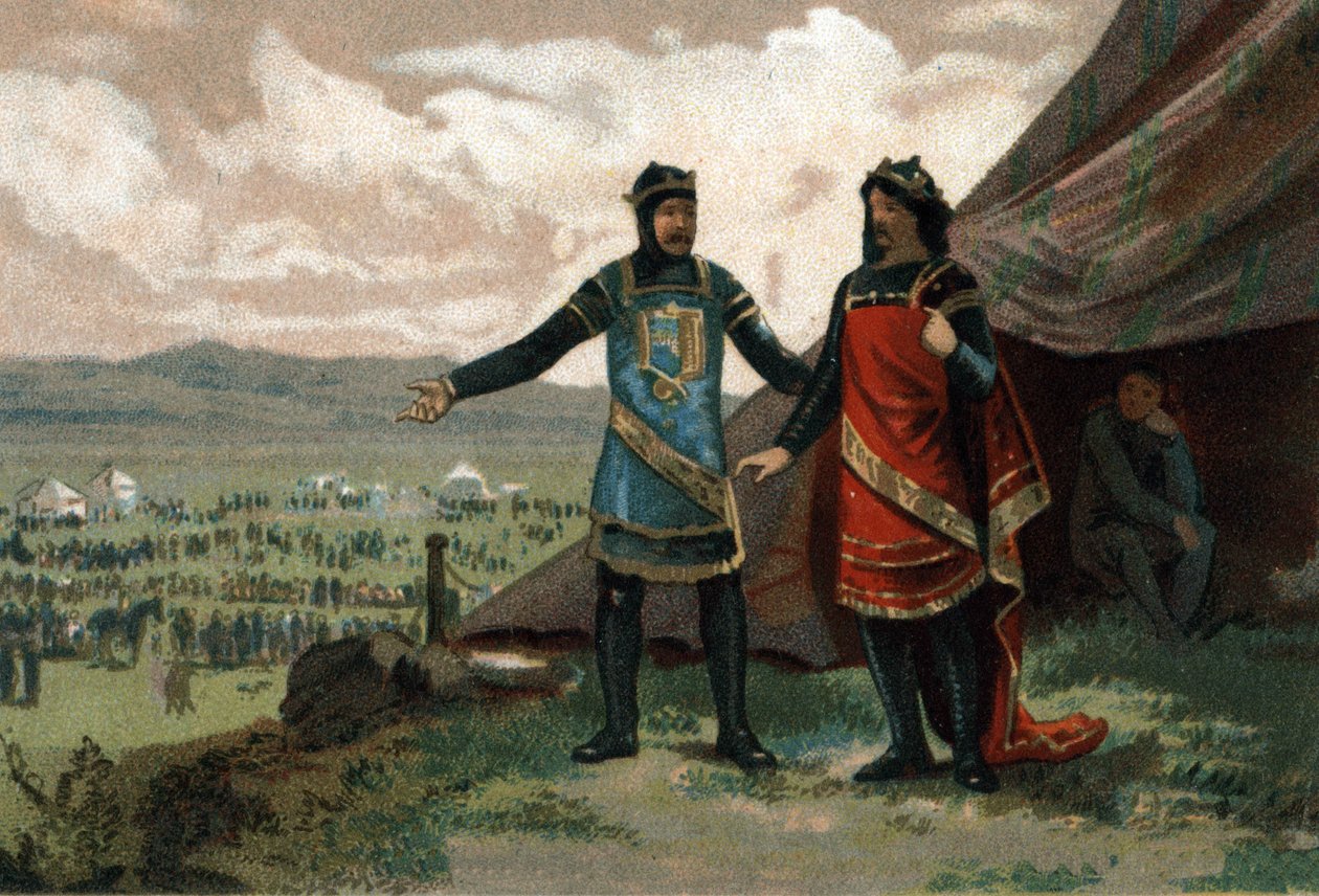 Enrique I, Rey de Francia (1008-1060) recibió al Duque de Normandía Roberto el Diablo (también conocido como el Magnífico) y le proporcionó un ejército para recuperar su reino. Cromolitografía alrededor de 1890 de French School