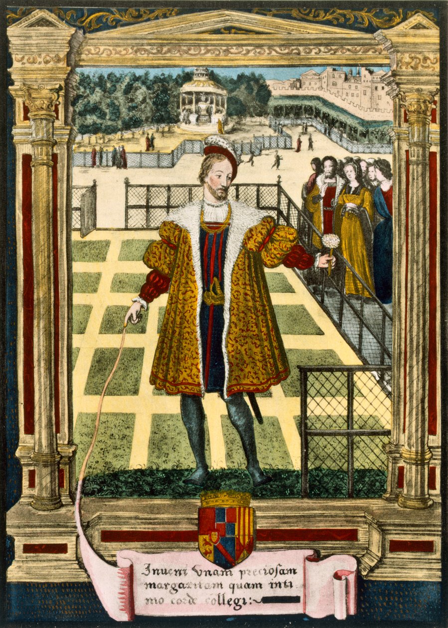 Enrique de Albret (1503-55), Rey de Navarra presentando una flor de Margarita a Margarita, hermana del Rey Francisco I con quien se casó en 1527 de French School