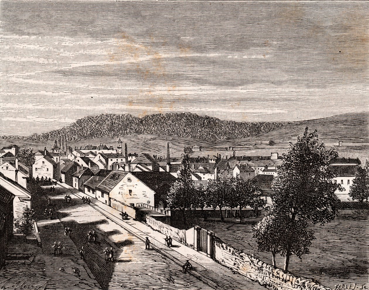 Héricourt - departamento de Saône-et-Loire - grabado en “La France illustrée: géographie, histoire, administración statistique” por V.A. Malt-Brown. 1884 de French School