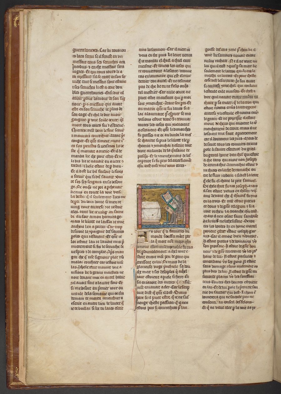 Ermitaño escribiendo en un escritorio, de "Estoire del Saint Graal, La Queste del Saint Graal, Morte Artu", c.1315-25 (tinta sobre pergamino) de French School