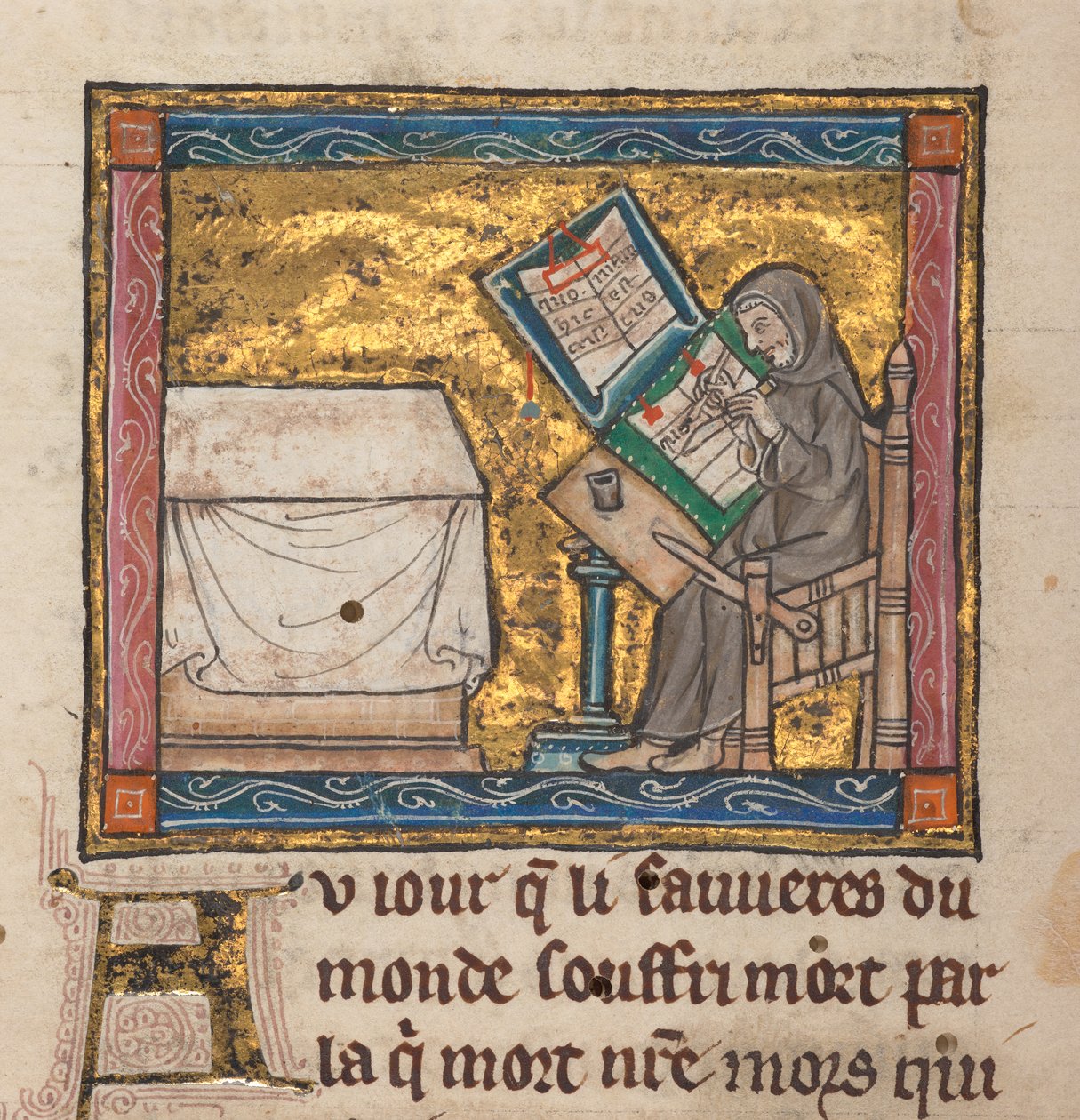 Ermitaño escribiendo en un escritorio, miniatura de "Estoire del Saint Graal, La Queste del Saint Graal, Morte Artu", c.1315-25 (tinta sobre pergamino) de French School