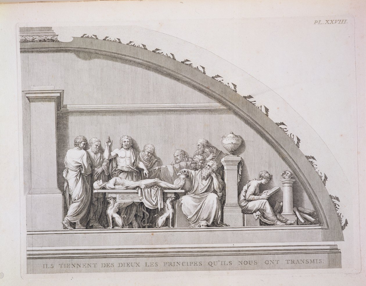 Hipócrates Enseñando, de Una Descripción de la Escuela de Cirugía en París, publicado en 1780 de French School