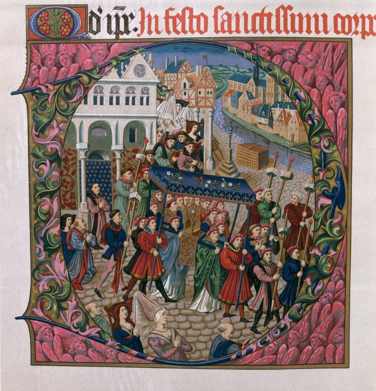 Inicial historiada D que representa una procesión religiosa en la Plaza de Greve, París en el siglo XV (edición facsímil del Misal de Jouvenel des Ursins) de French School