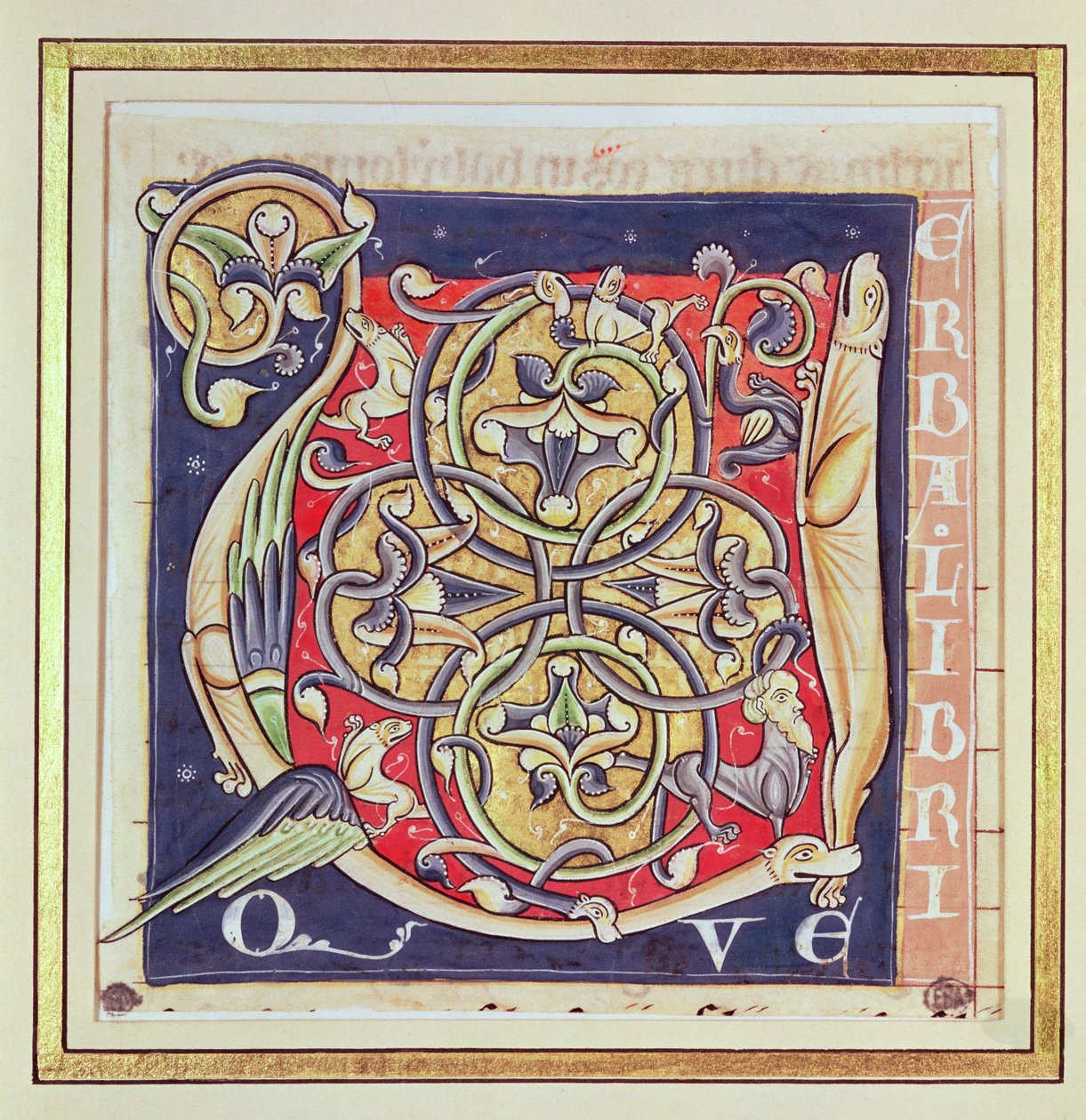 Inicial historiada U con un patrón entrelazado y animales fantásticos, de la Biblia de Saint-Andre aux-Bois de French School
