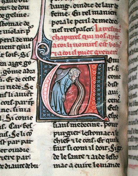Inicial historiada que representa a un hombre vomitando de French School
