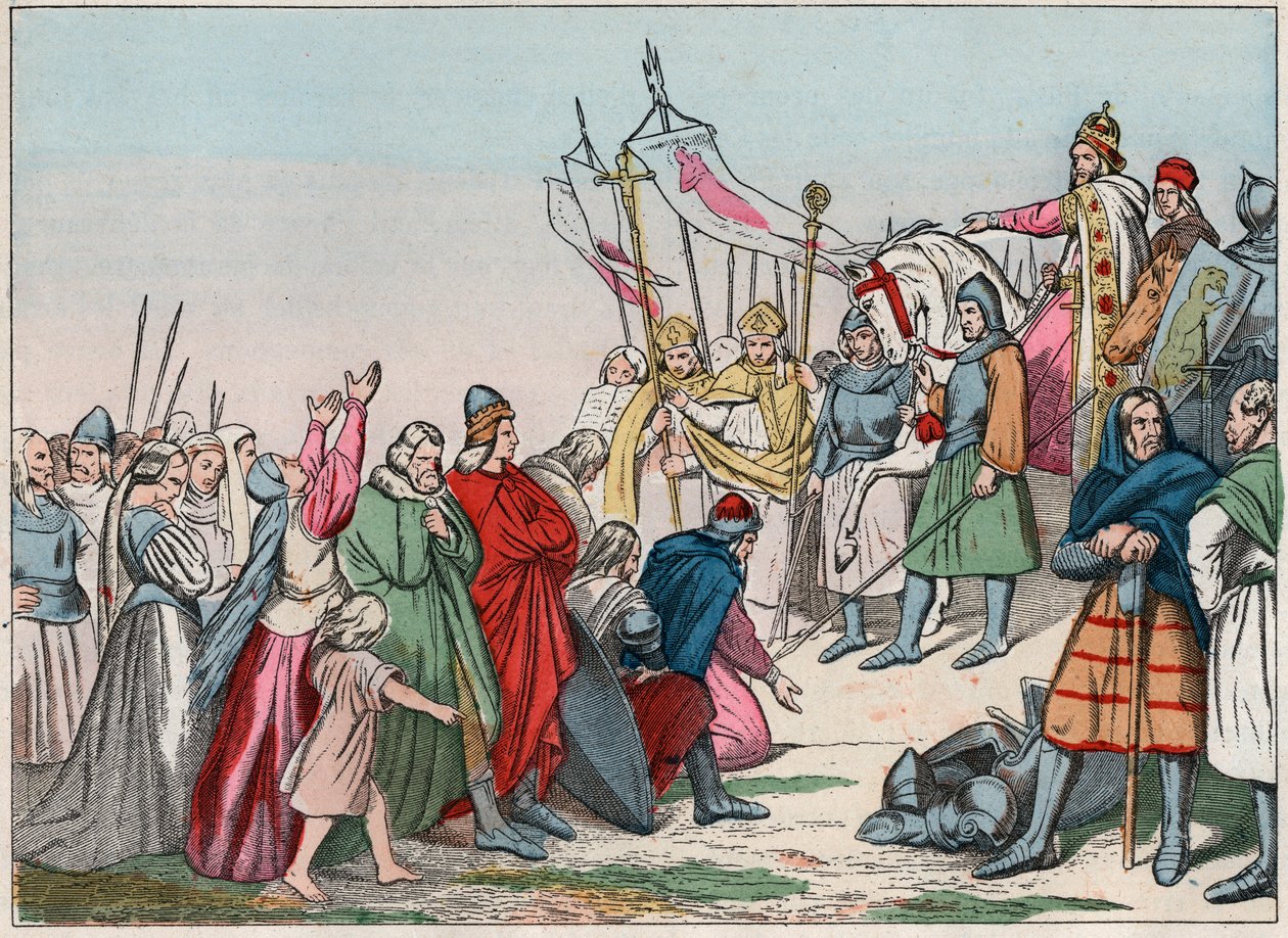 Historia de la Galia en la Edad Media: Sajones germanos arrodillados ante el Rey Carlomagno (742 - 814), vencedor de las guerras - Grabado de finales del siglo XIX en “Nuestras Glorias Nacionales - Imágenes y relatos” de French School