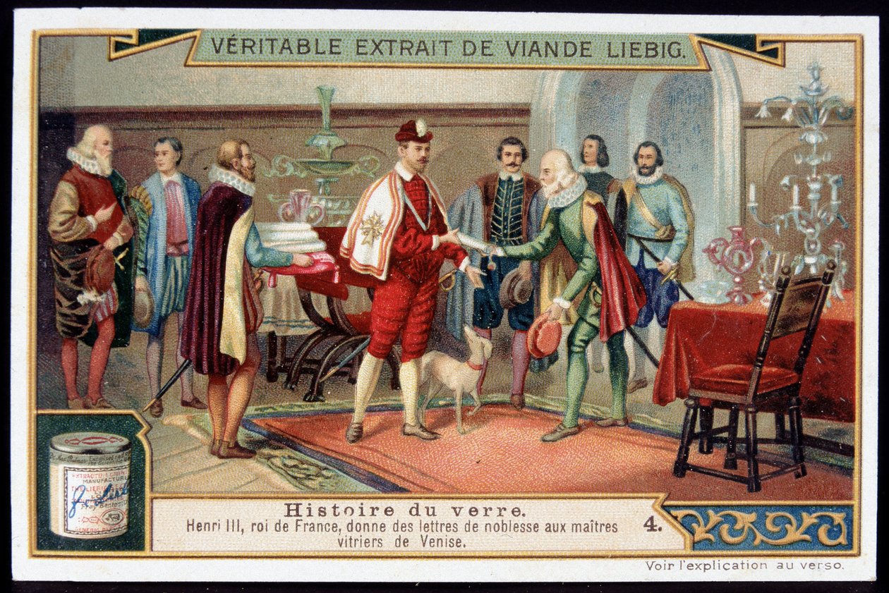 Historia del vidrio: Enrique III (1551-1589) Rey de Francia otorga cartas de nobleza a los maestros vidrieros de Venecia. Finales del siglo XIX cromolitografía Liébig de French School