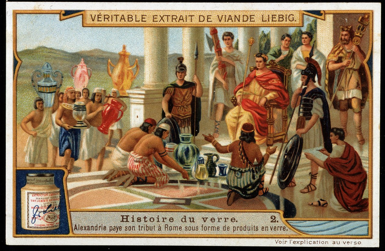 Historia del vidrio: Alejandría paga su tributo a Roma en forma de productos de vidrio - Cromolitografía Liebig de French School