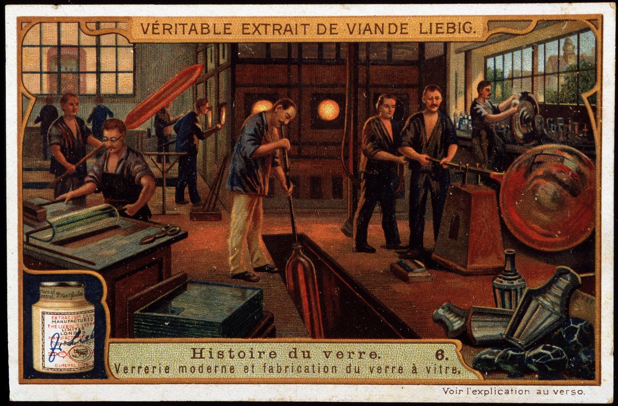 Historia del vidrio: La cristalería moderna y la fabricación del vidrio a finales del siglo XIX. Cromolitografía Liebig de finales del siglo XIX. de French School