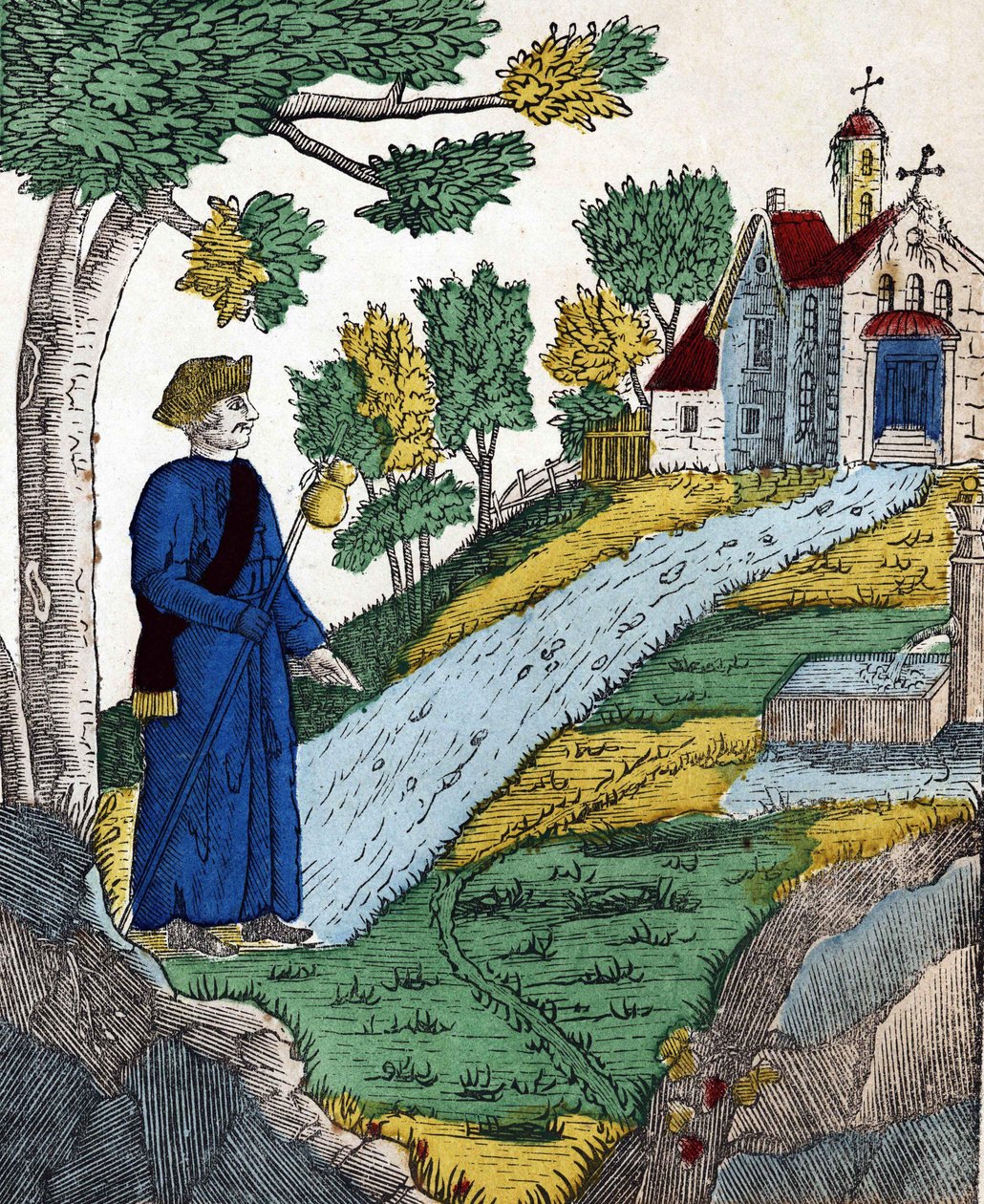 Historia de los cuatro hijos Aymon; Maugis, después de haber hecho prisionero a Carlomagno, fue a una ermita a hacer penitencia de French School
