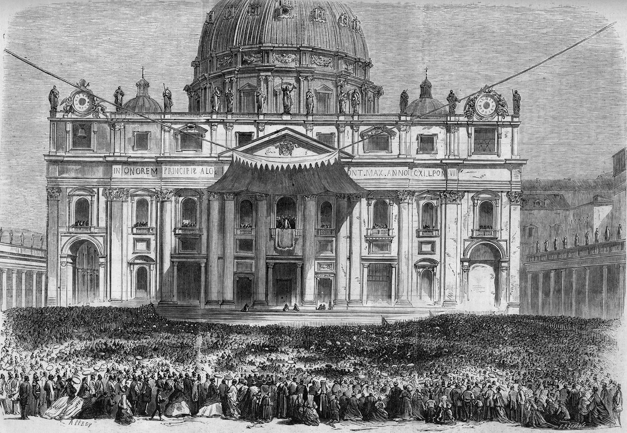 Semana Santa en Roma: vista de la Plaza de San Pedro en Roma (Piazza San Pietro) durante la bendición “urbi et orbi” el Jueves Santo y el Domingo de Pascua. Grabado en “Le Monde Illustré” n°526 del 11 de mayo de 1867 de French School