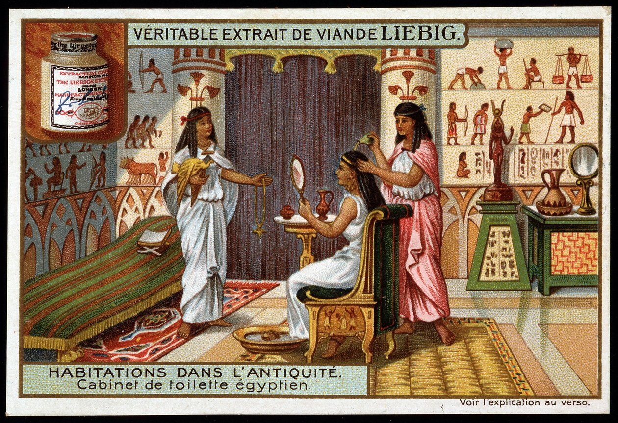 Hogares en la antigüedad: baño egipcio - etiqueta publicitaria de Liebig de French School