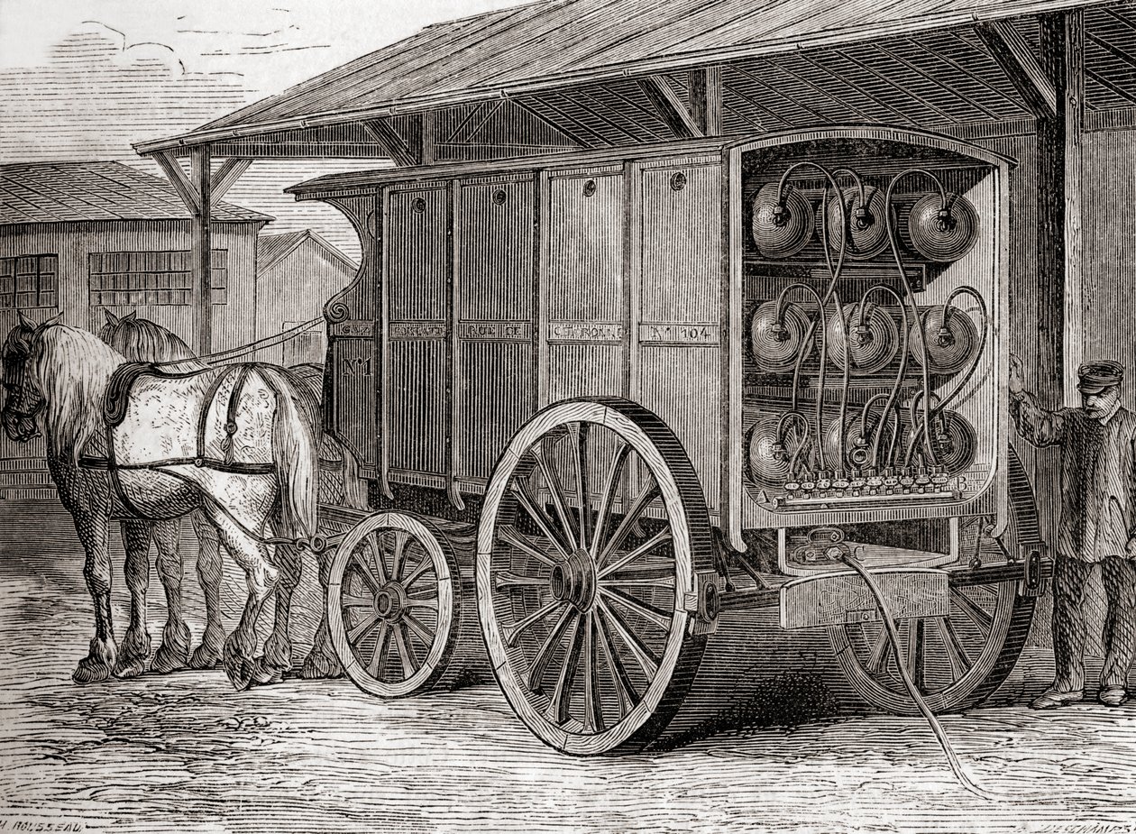 Vehículo tirado por caballos utilizado para transportar gas comprimido en contenedores portátiles en el siglo XIX, de Les Merveilles de la Science, publicado c.1870 (grabado) de French School