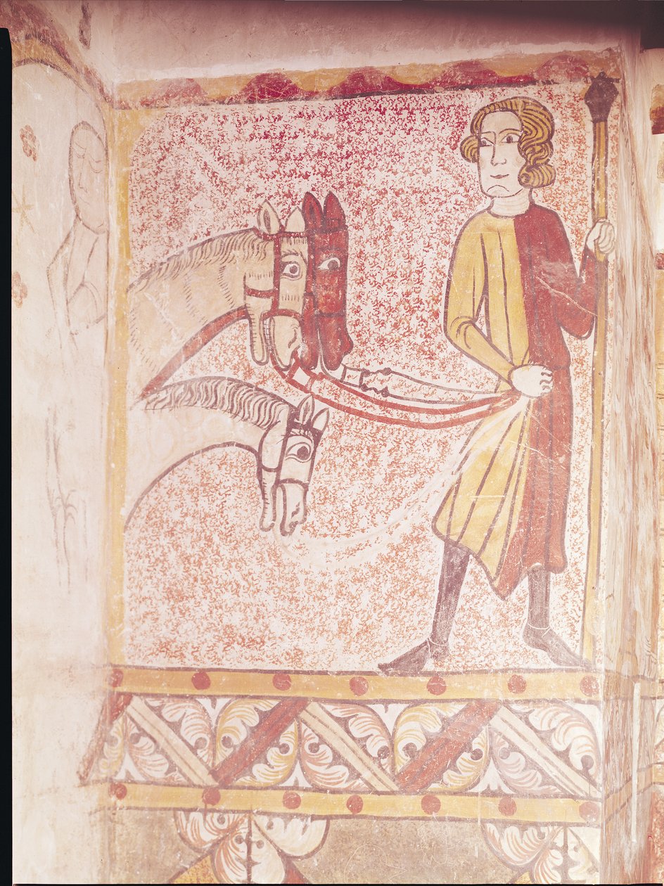 Jinete sosteniendo las riendas de tres caballos, de la Pared Norte, c.1265 de French School