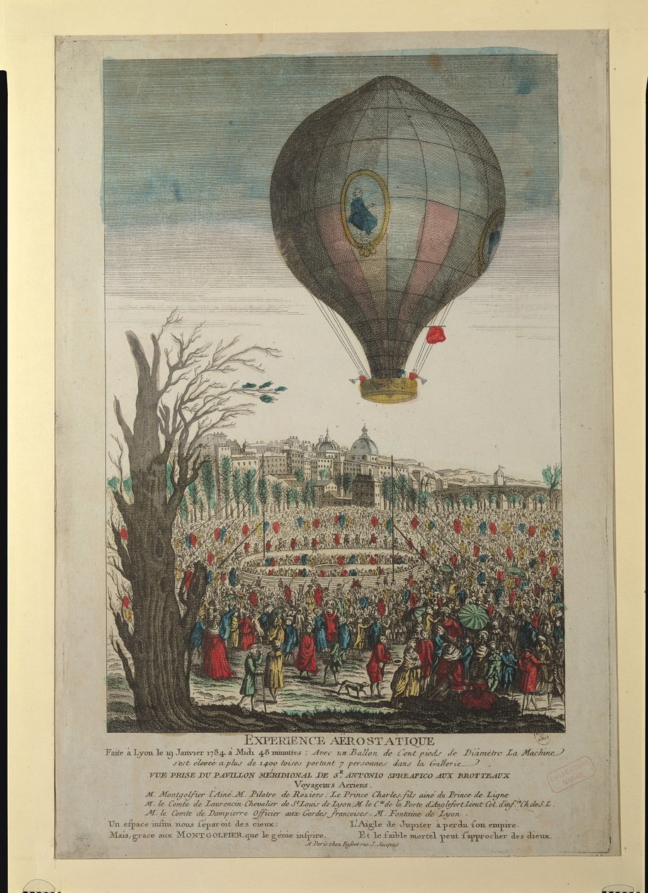 Experimento de globo aerostático por los hermanos Montgolfier y François Pilâtre de Rozier (1754-85) en Lyon, 19 de enero de 1784 de French School