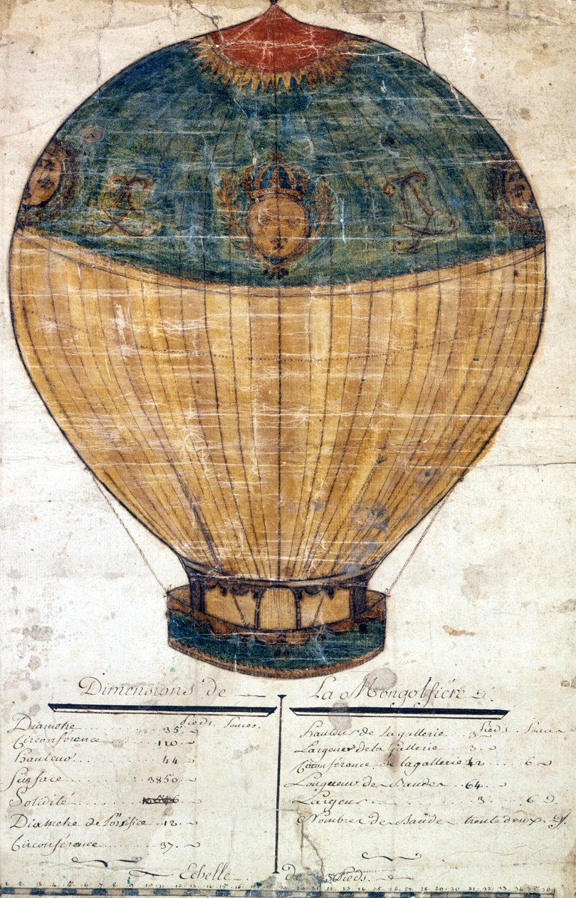 Globo aerostático de los hermanos Montgolfier. Dibujo original. 1782 de French School