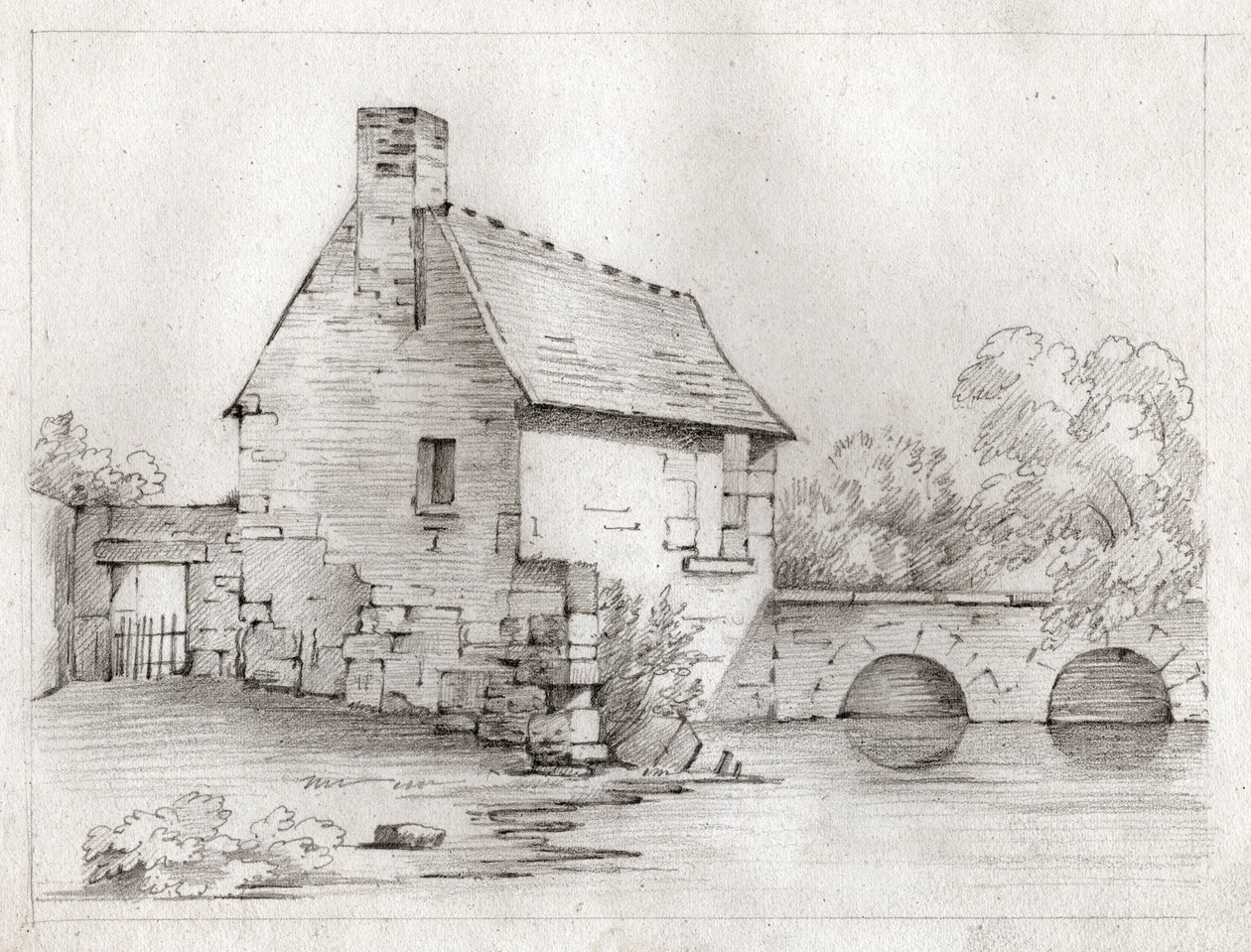 Casa junto al río (dibujo, circa 1830) de French School