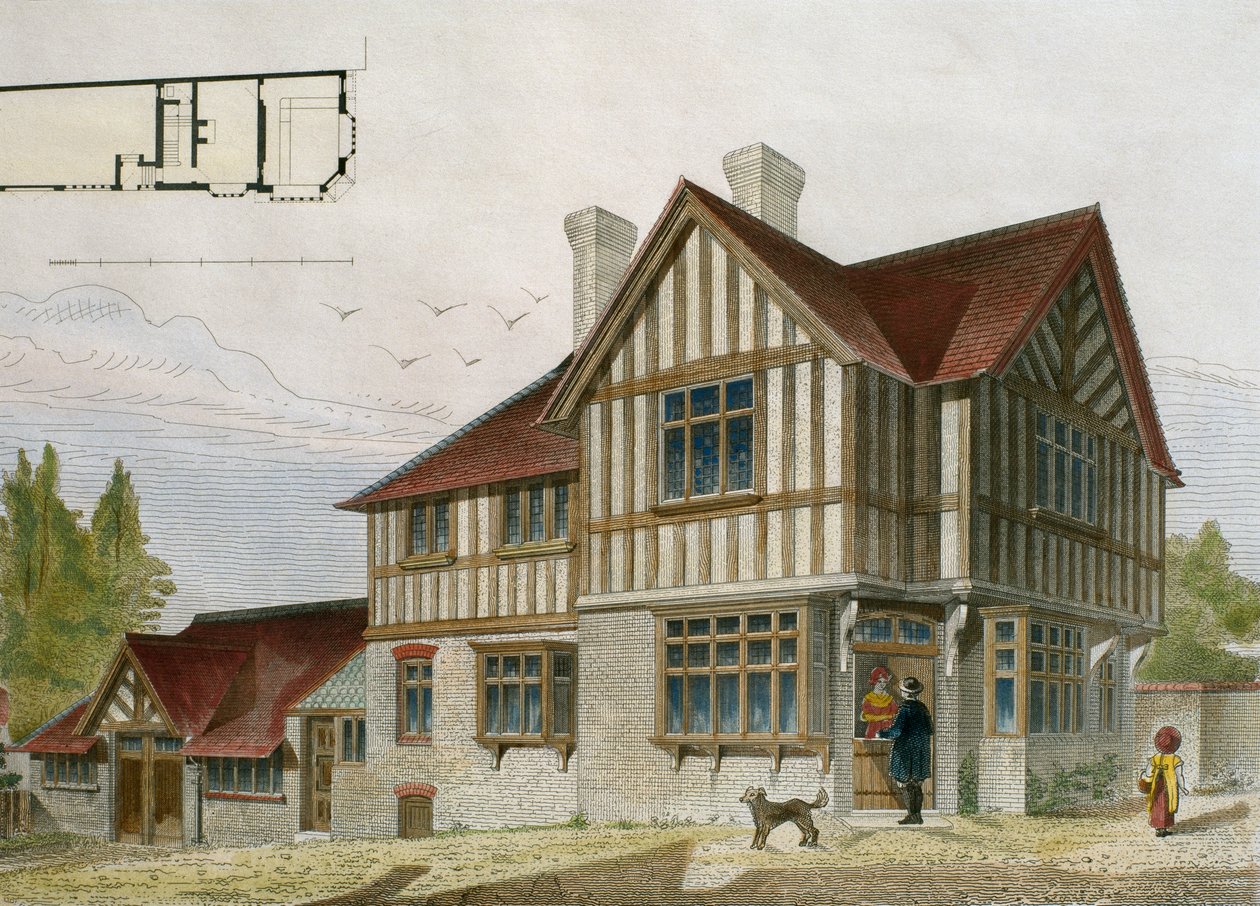 Casa de un pequeño comerciante en el área de Londres, ilustración de Le Moniteur des architectes, 1884, grabado por Paul Louis Bury de French School