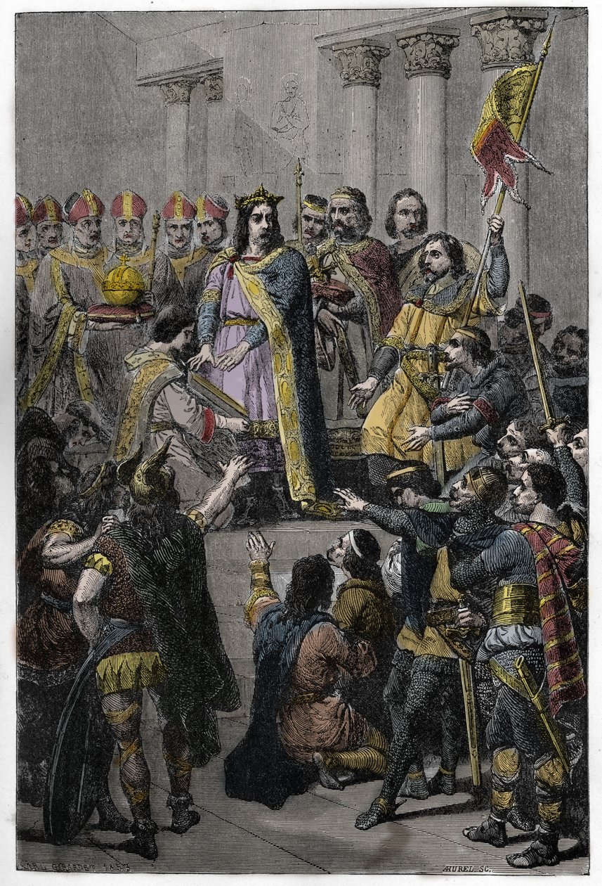 Hugo Capeto elegido Rey - Coronación de Hugo Capeto (ca. 941-996), Rey de Francia, 3 de julio de 987 en Noyon, por Adalberón (ca. 925-990), arzobispo de Reims de French School