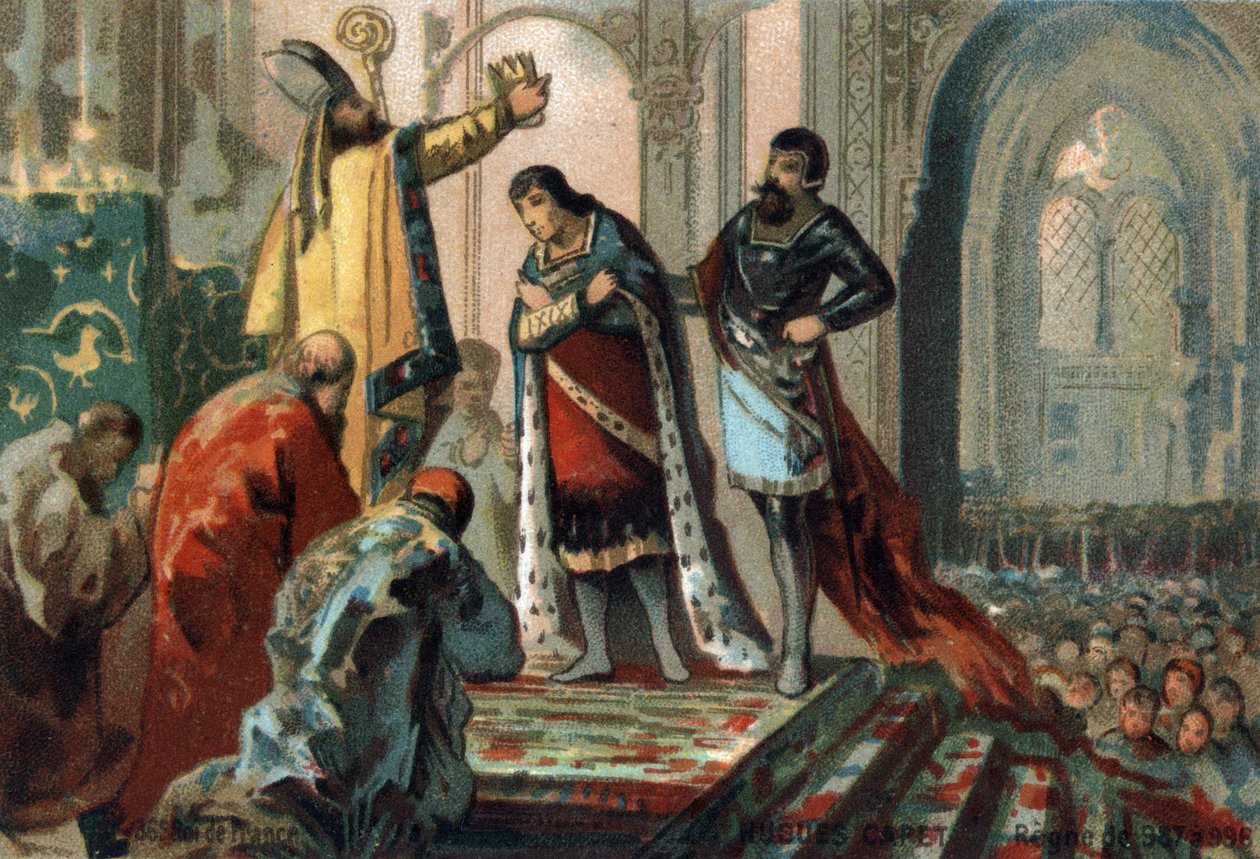 Hugo Capeto, rey de Francia de 987 a 996, hizo que su hijo, el futuro Roberto II el Piadoso (972-1031), fuera consagrado por Adalberón (circa 925-990), arzobispo de Reims, en la Catedral de Orleans para establecer el principio de la herencia, 987. Cromolit de French School