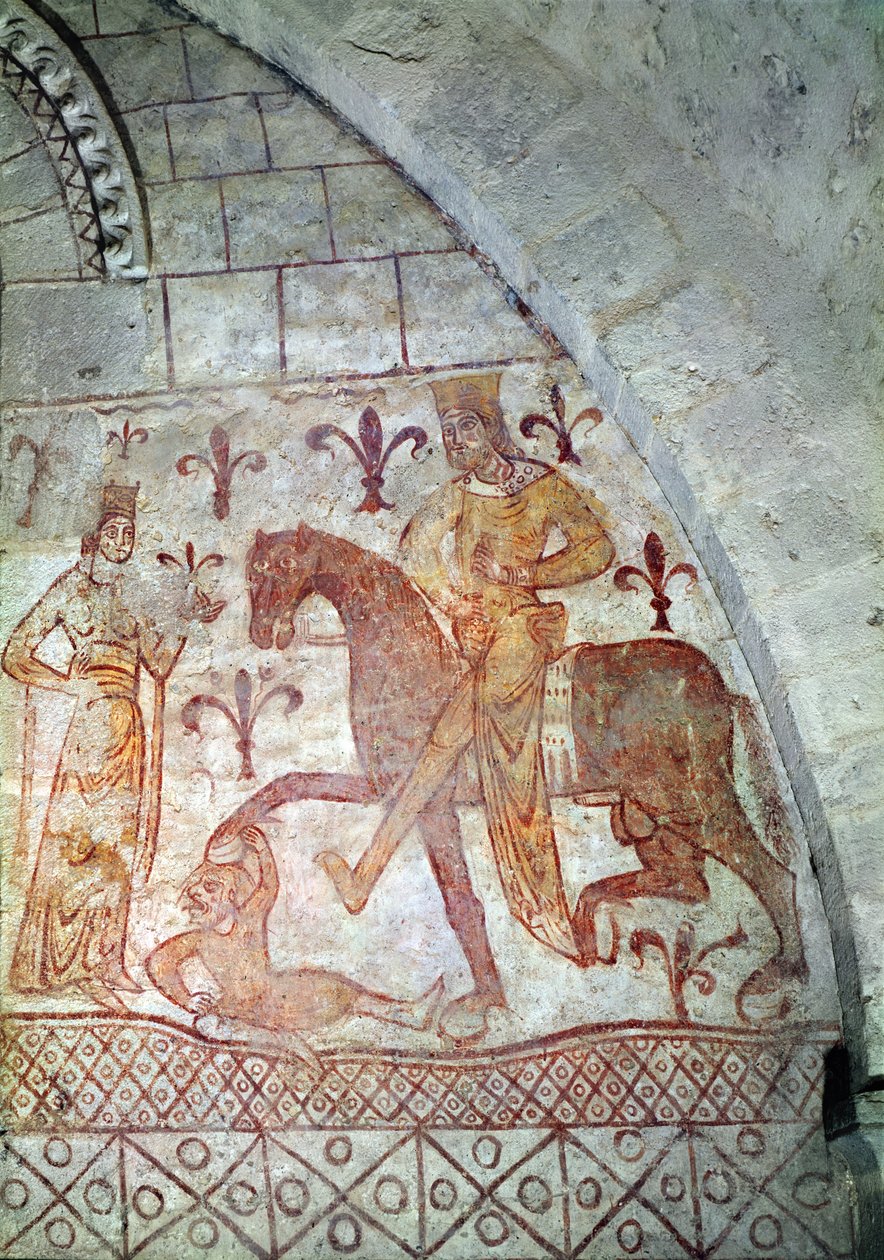 Hugues IX (c.1163-1219) Lusignan derrotando a Nur al-Din (1116-74) en Siria (pintura mural) de French School