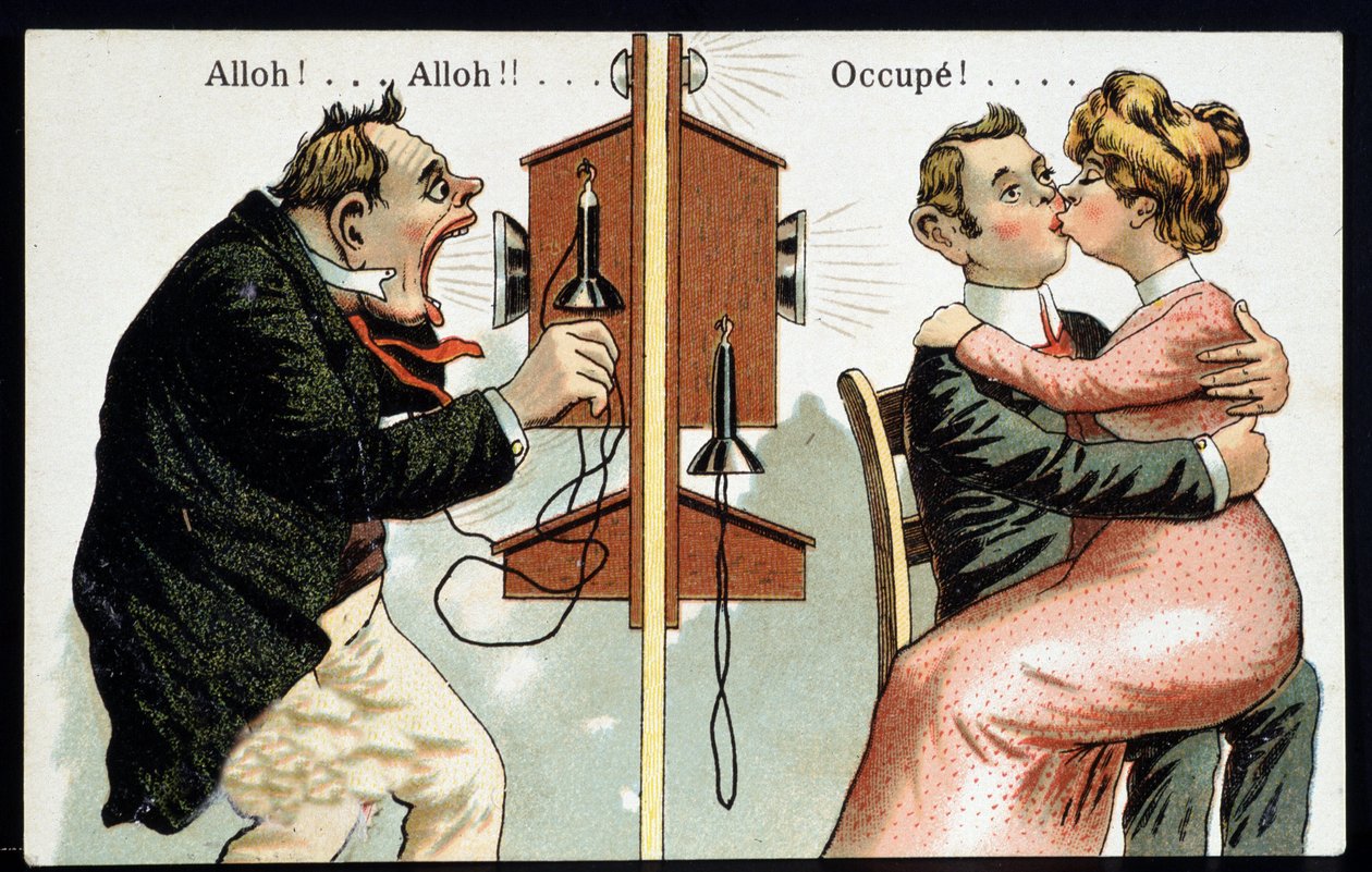 Postal humorística sobre el teléfono, principios del siglo XX de French School