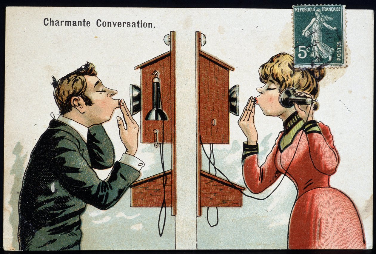 Postal humorística sobre el teléfono, principios del siglo XX de French School