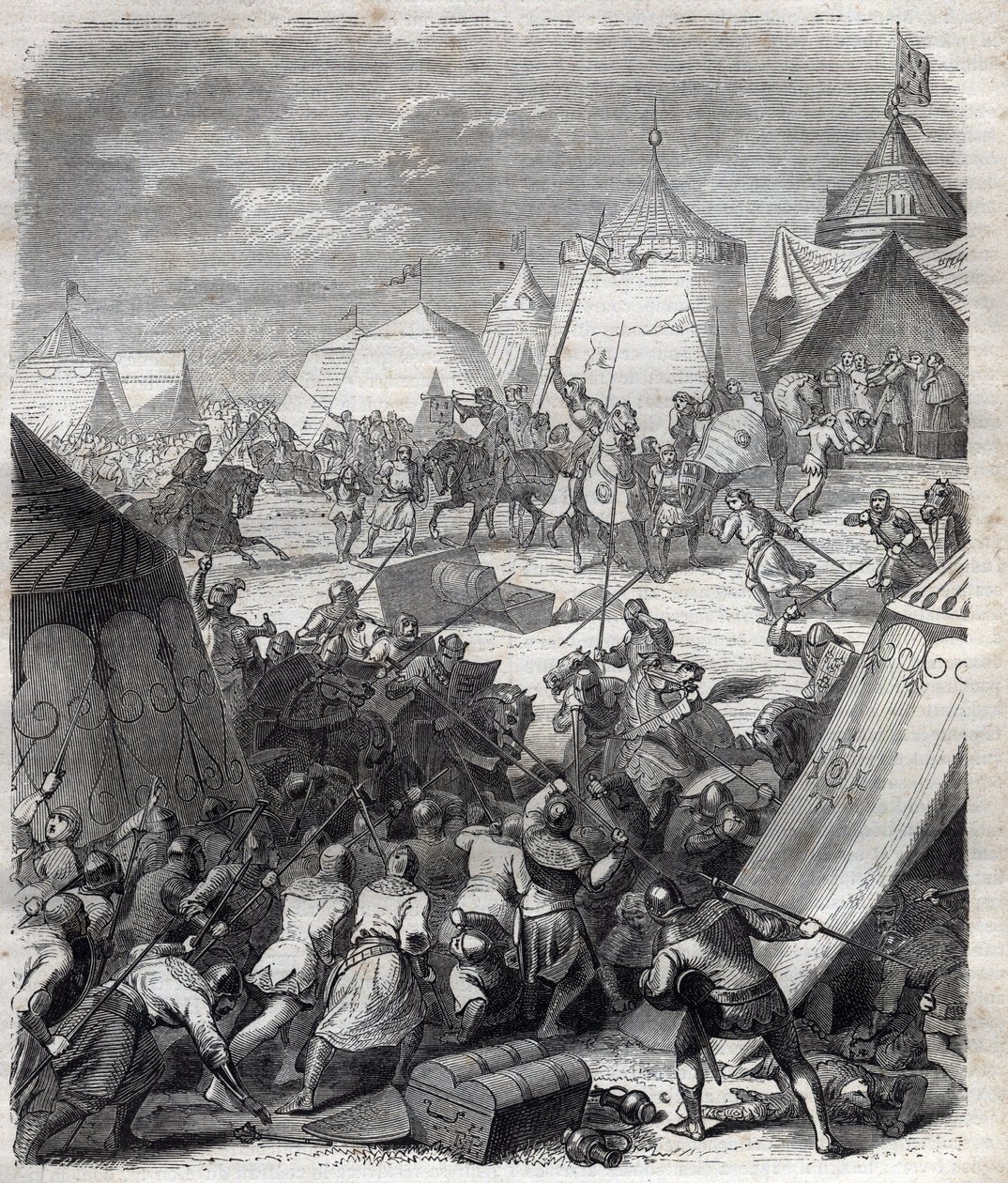 Guerra de los Cien Años: Batalla de Poitiers (1356). Grabado en “Historia de los Papas (...) Crímenes de los Reyes y Emperadores a través de los siglos” por Maurice Lachatre de French School