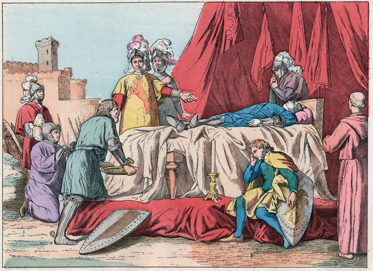 Guerra de los Cien Años: “La muerte de Bernard du Guesclin (1320-1380) frente a Châteauneuf de Randon el 13/07/1380” - Muerte de Duguesclin (durante el asedio de Châteauneuf-de-Randon el 13 de julio de 1380) - Grabado de finales del siglo XIX en “Nos Gires de French School