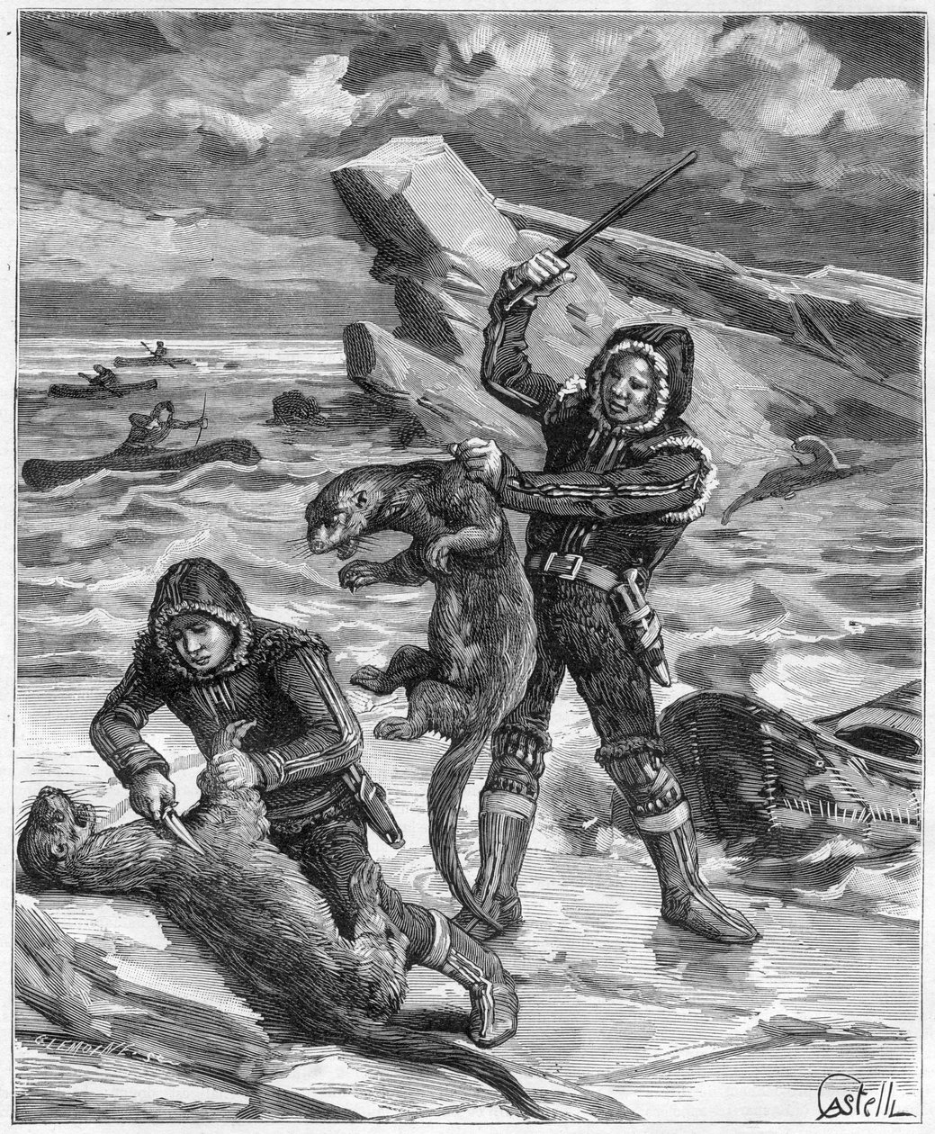 Cazadores de nutrias en Alaska - cazador de nutrias de Alaska en 1888 - Grabado en “Journal des Voyages” 1888 de French School
