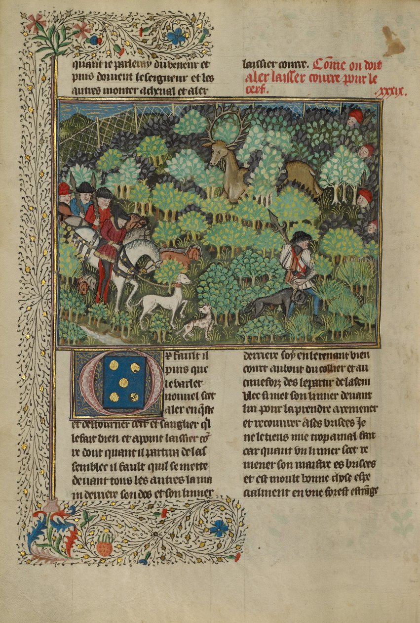 Cazadores persiguiendo a un ciervo, c.1430-40 (témpera, pintura dorada, pintura plateada y pan de oro) de French School