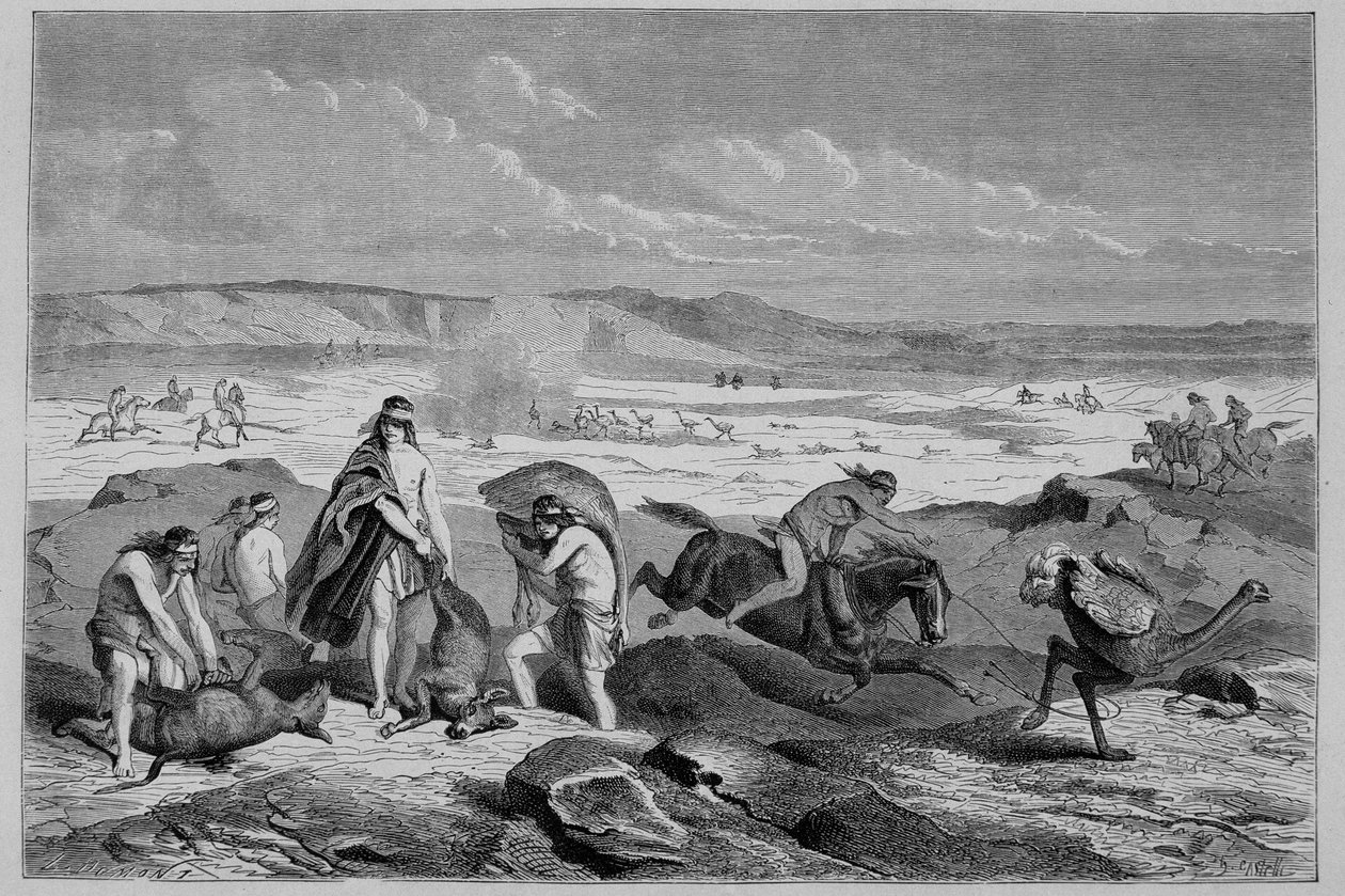 Caza de guanaco (llama salvaje) y ñandú (o avestruz patagónica) en Argentina - en "Tour du Monde", 2ª semana de 1861 de French School