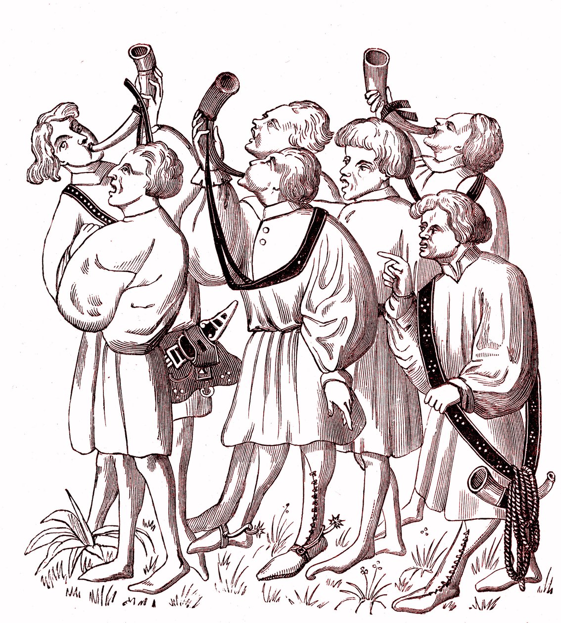 Tocadores de cuerno de caza (siglo XV) - Símil Colegio de una miniatura del manuscrito de Gaston Phebus (1331-1391) de French School
