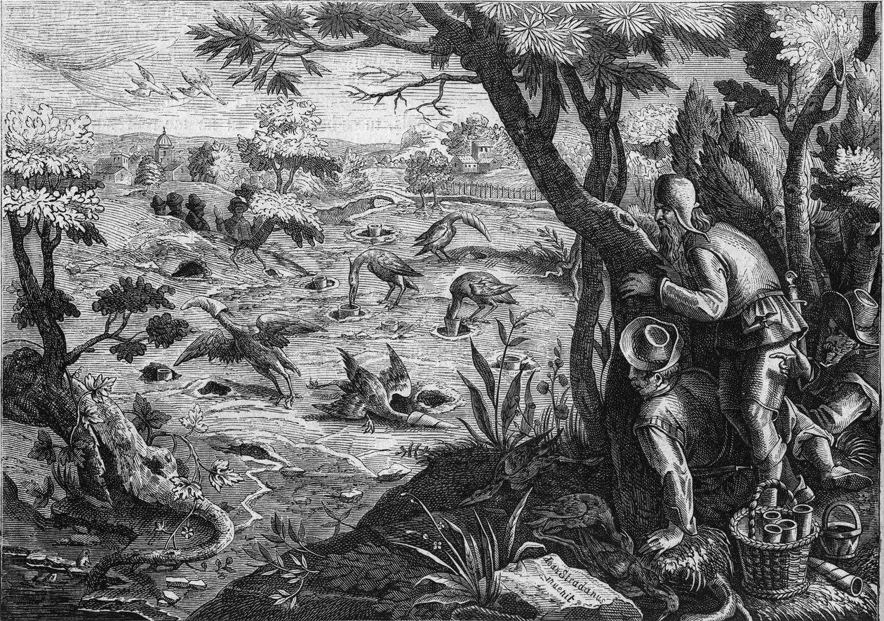 Técnica de caza: la tubería de grullas en Bélgica, en el siglo XVI - Grabado por E. Garnier después de Jean Stradan - En 