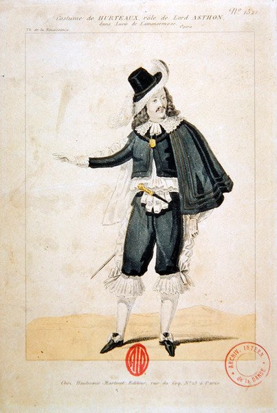 Hurteaux en el papel de Lord Enrico Ashton, en la ópera Lucie de Lammermoor, de Gaetano Donizetti (grabado en color) de French School