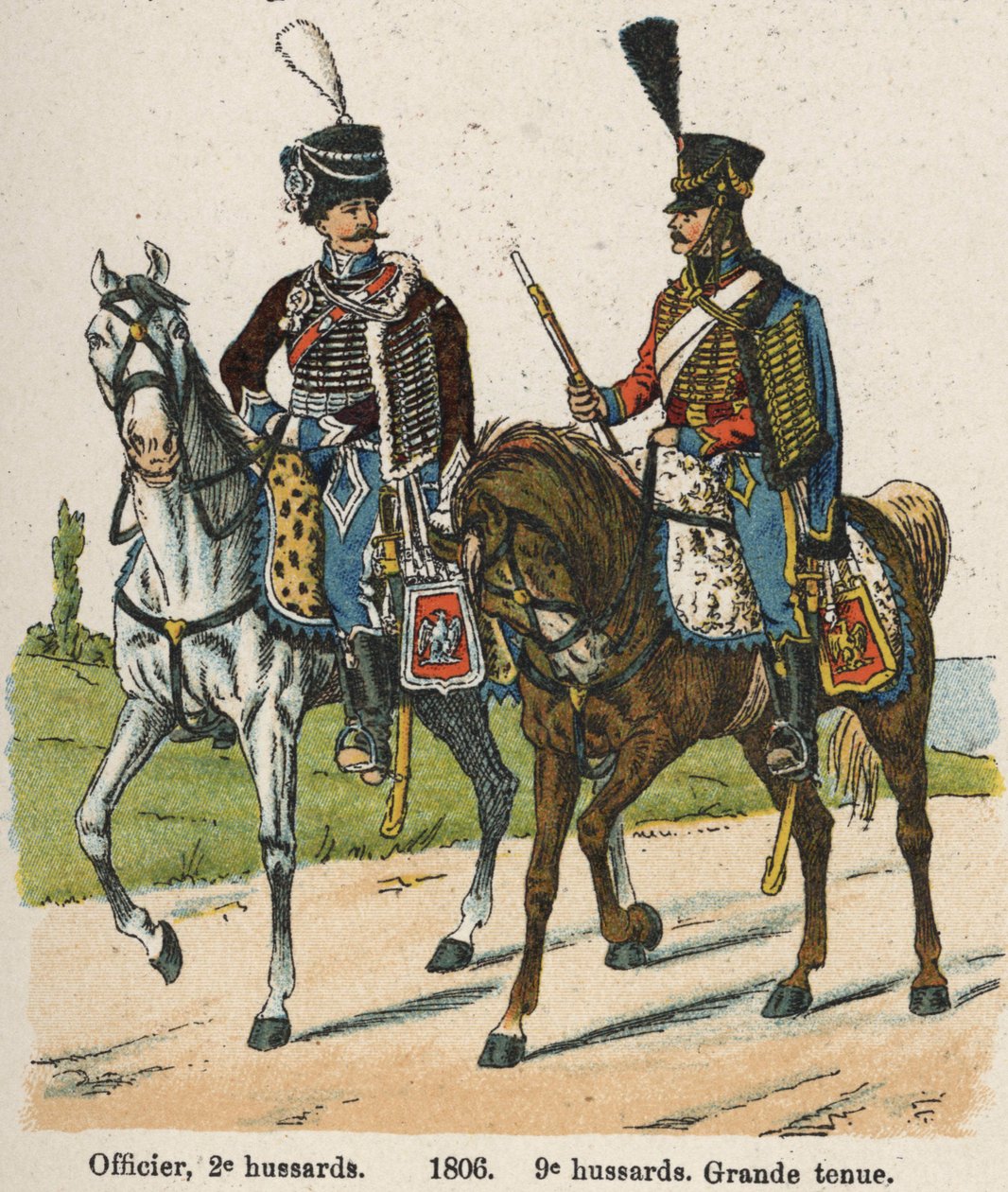 Húsares 1er vendimiario Año XII (24 de septiembre de 1803): Oficial, 2º húsares y 9º húsares en gran uniforme en 1806. Lámina del libro Les Uniforms de l
