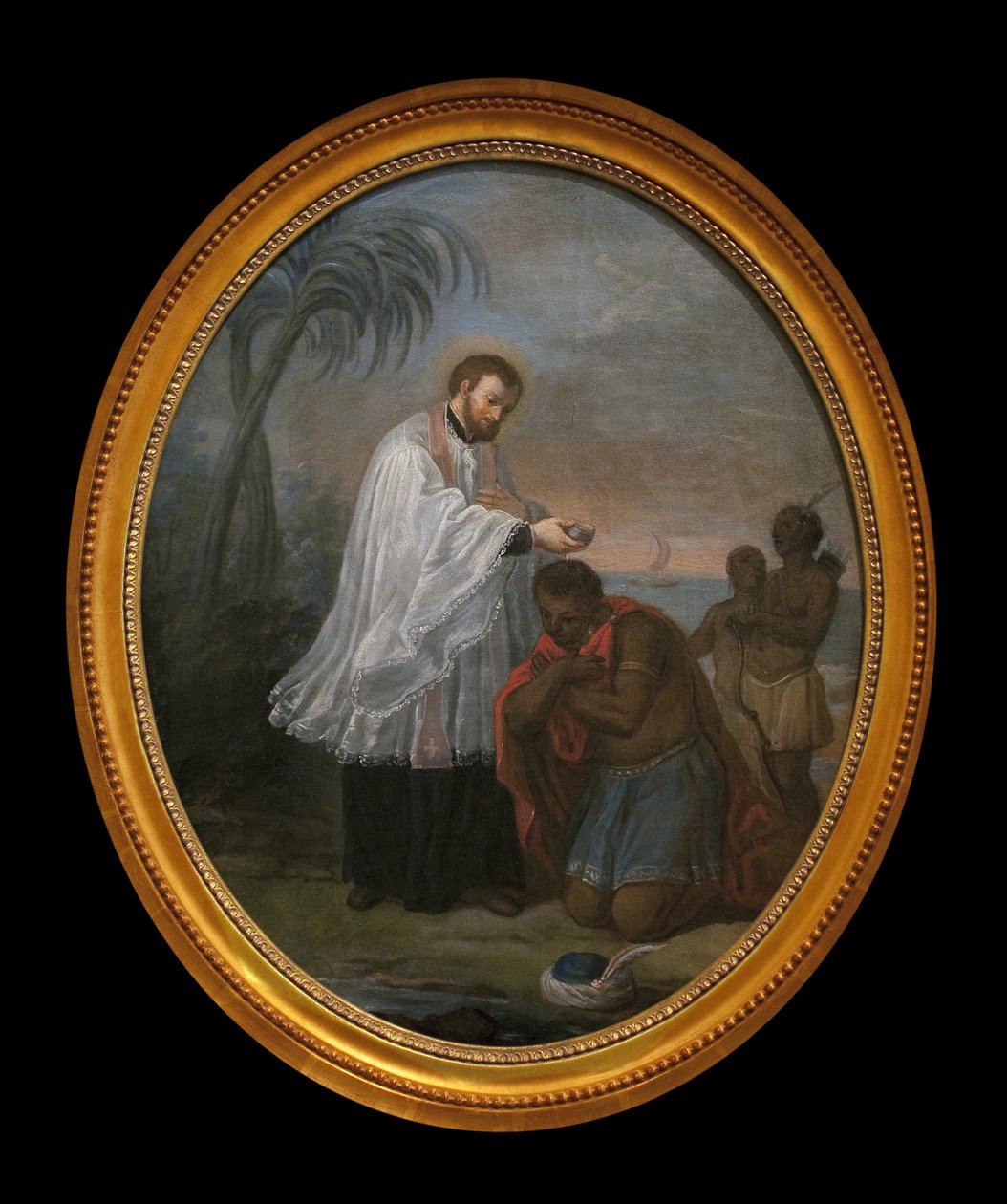 Bautizo de un indio. El personaje que recibe el bautismo no parece ser un amerindio, a diferencia de los dos personajes en el fondo. Esta pintura podría ser una alegoría de la misión evangelizadora jesuita en todos los continentes. de French School