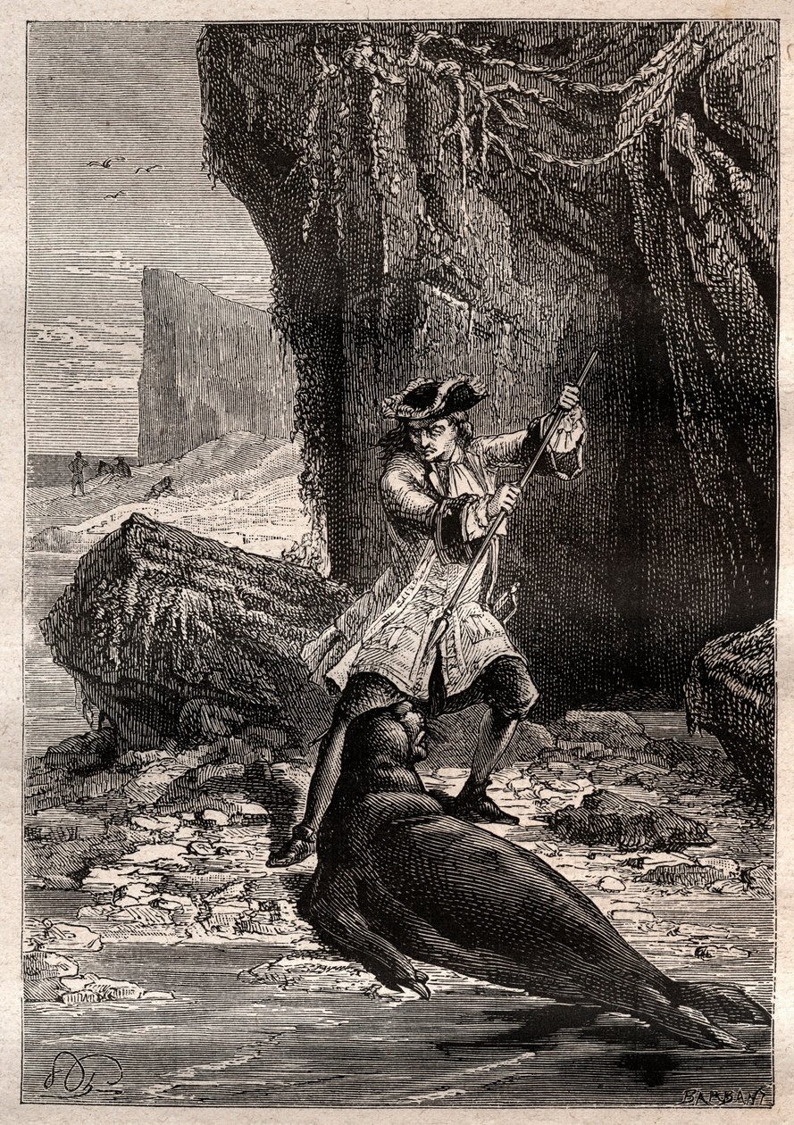 Hundí mi pala en su pecho: Woodes Rogers (1679-1732) atacado por un perro marino (foca) en una de las islas Galápagos en el Océano Pacífico en 1709 - ilustración tomada de 