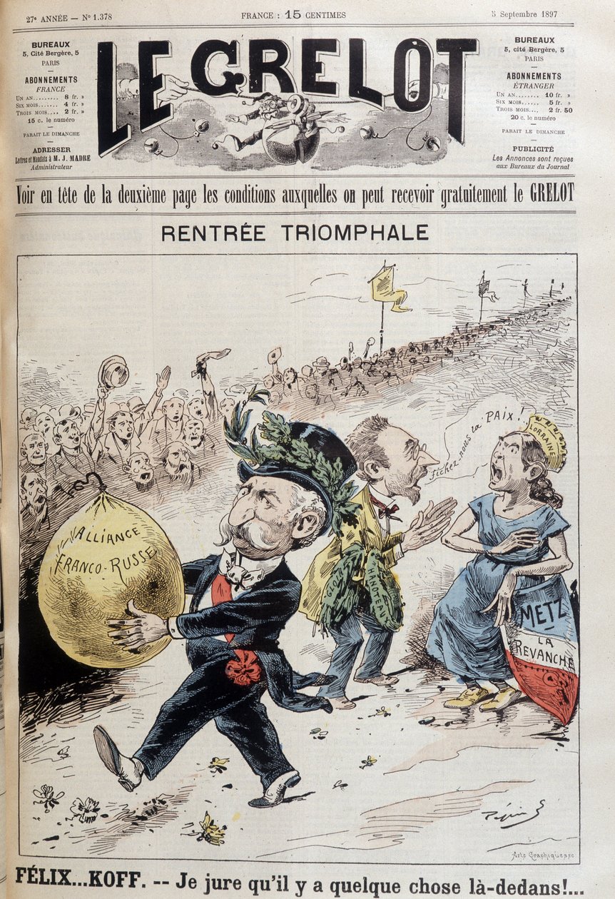 Juro que hay algo ahí. El presidente francés Félix Faure (1841-1899) llevando el globo del préstamo ruso. Detrás, una mujer que representa a Lorena discute con un hombre que dice 