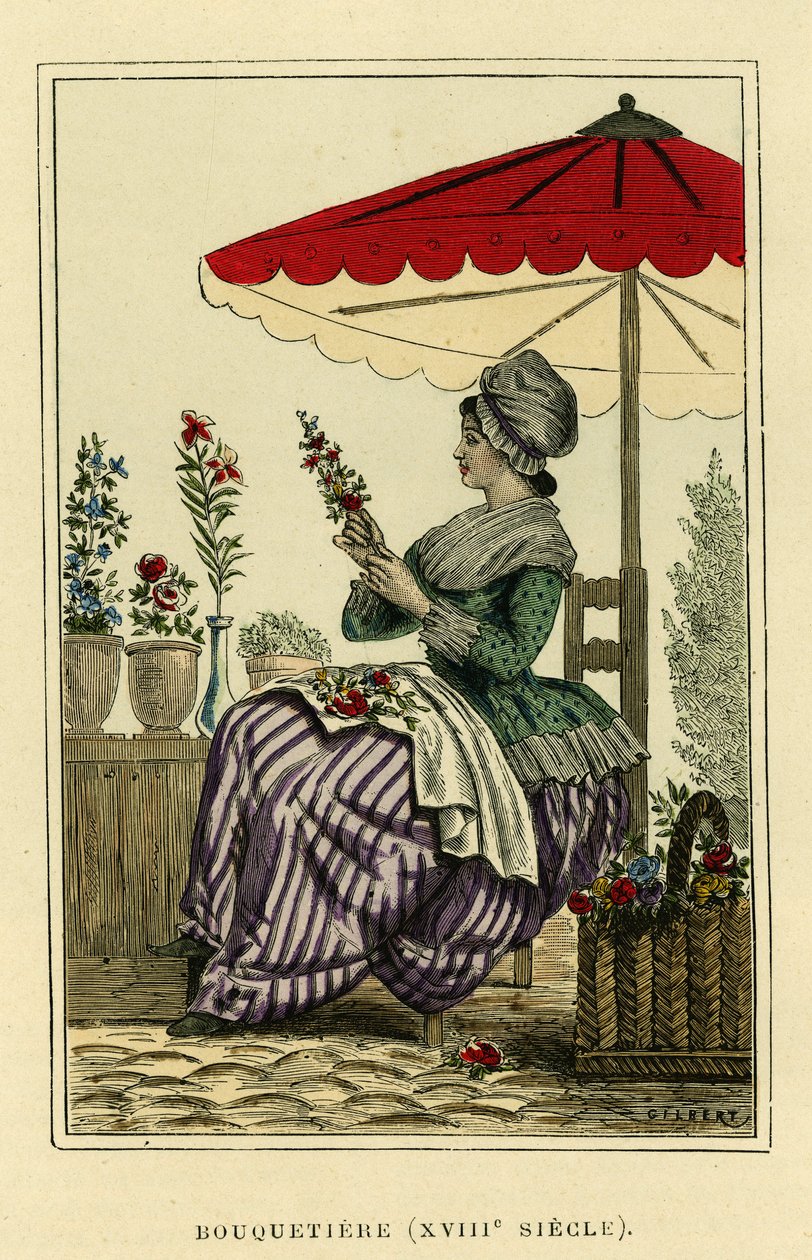 Traje de cabra montés del siglo XVIII. Grabado en color, en "France et les francais a travers les centuries" de Augustin Challamel, F.Roy editor, París 1882. Colección Selva. de French School