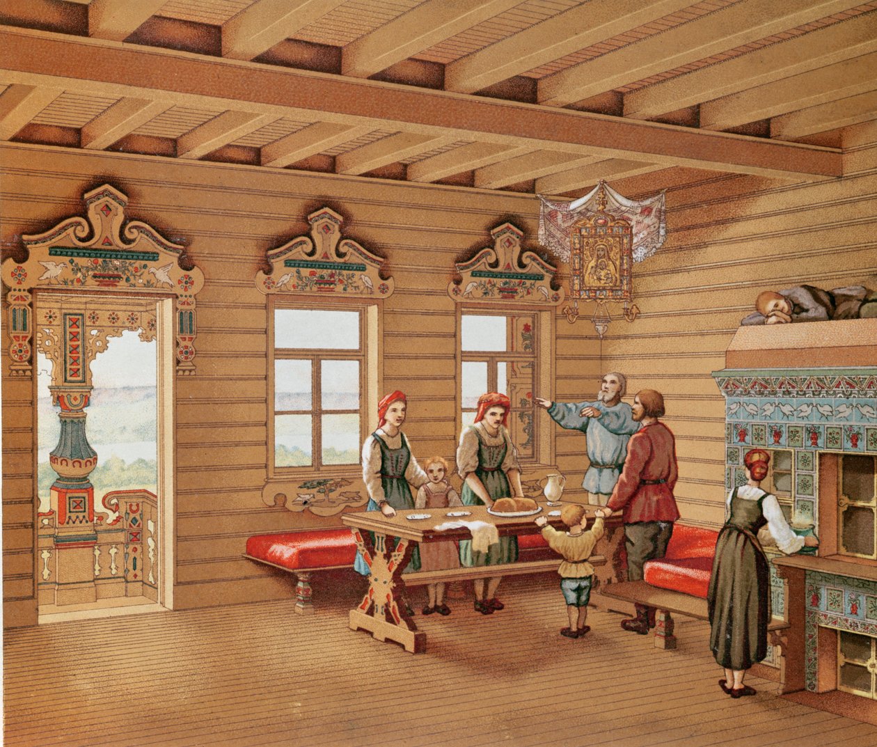 Interior idealizado de una izba rusa, c.1880 (grabado en color) de French School
