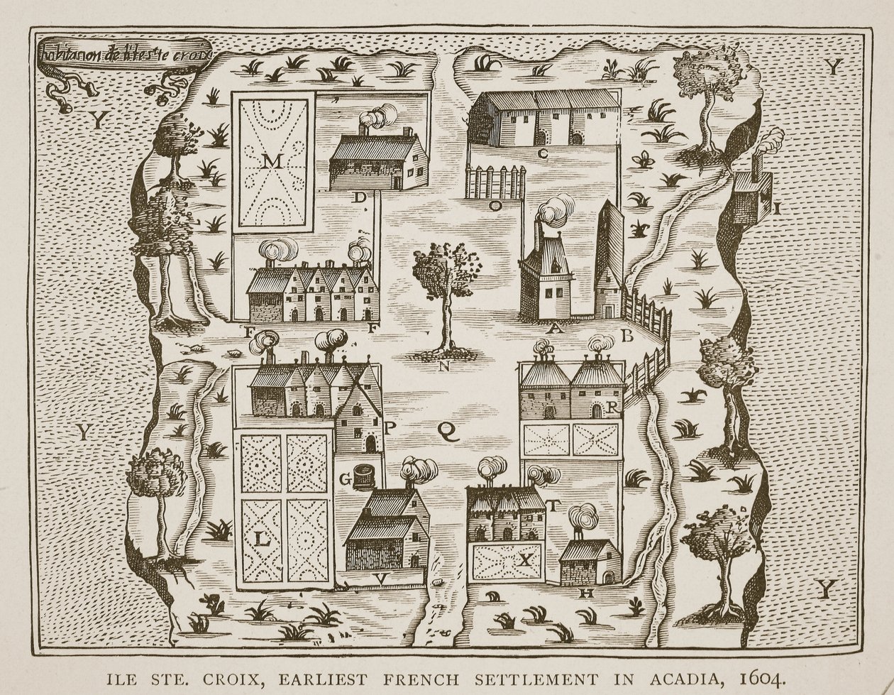 Ile Ste. Croix, el primer asentamiento francés en Acadia, 1604, de Viajes por Samuel de Champlain (c.1580-1635), 1613 de French School