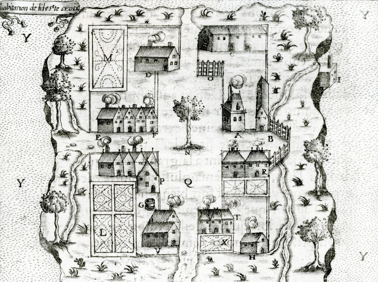 Ile Ste. Croix, el primer asentamiento francés en Acadia, 1604, de Viajes de Samuel de Champlain, 1613 de French School
