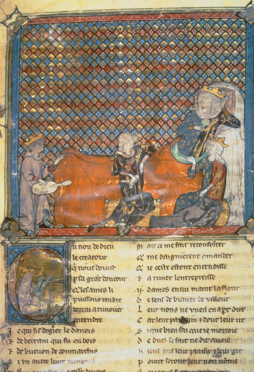 Página iluminada de una antología, mostrando de izquierda a derecha, Adenet le Roi, un juglar del duque Enrique; el conde Guy de Flandes; María, reina de Francia y esposa de Felipe el Atrevido (1342-1404); y Mada de French School