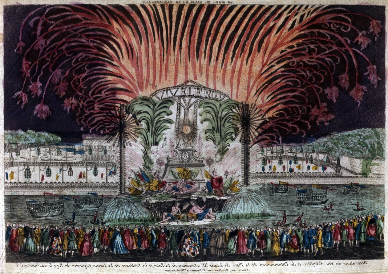Iluminación y fuegos artificiales en la Place Louis XV en París con motivo de la paz y la inauguración de la estatua ecuestre del rey el 22 de junio de 1763. Colección privada de French School