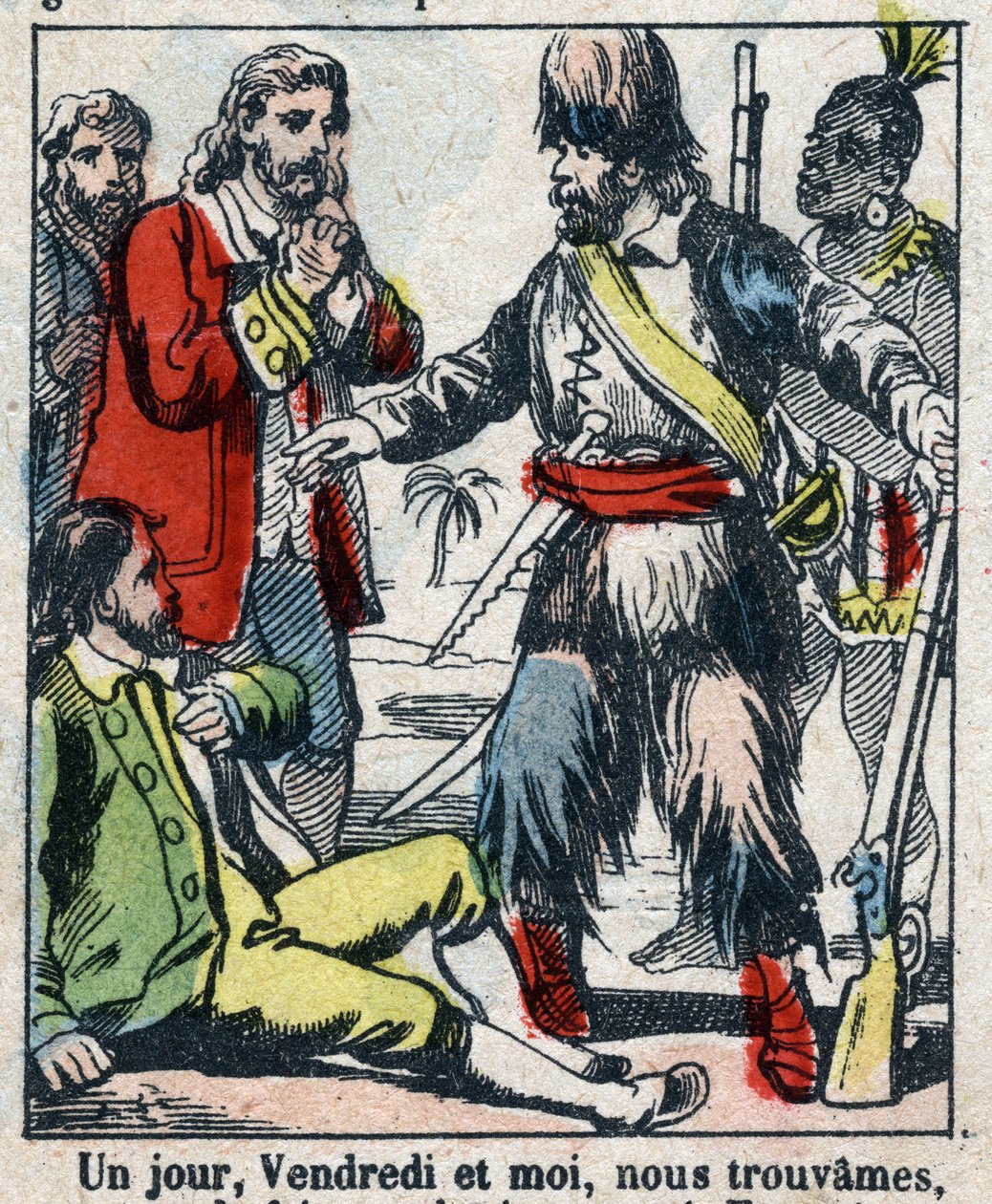 Ilustración para el libro de Daniel Defoe "Robinson Crusoe". Imagen de Épinal de finales del siglo XIX. de French School