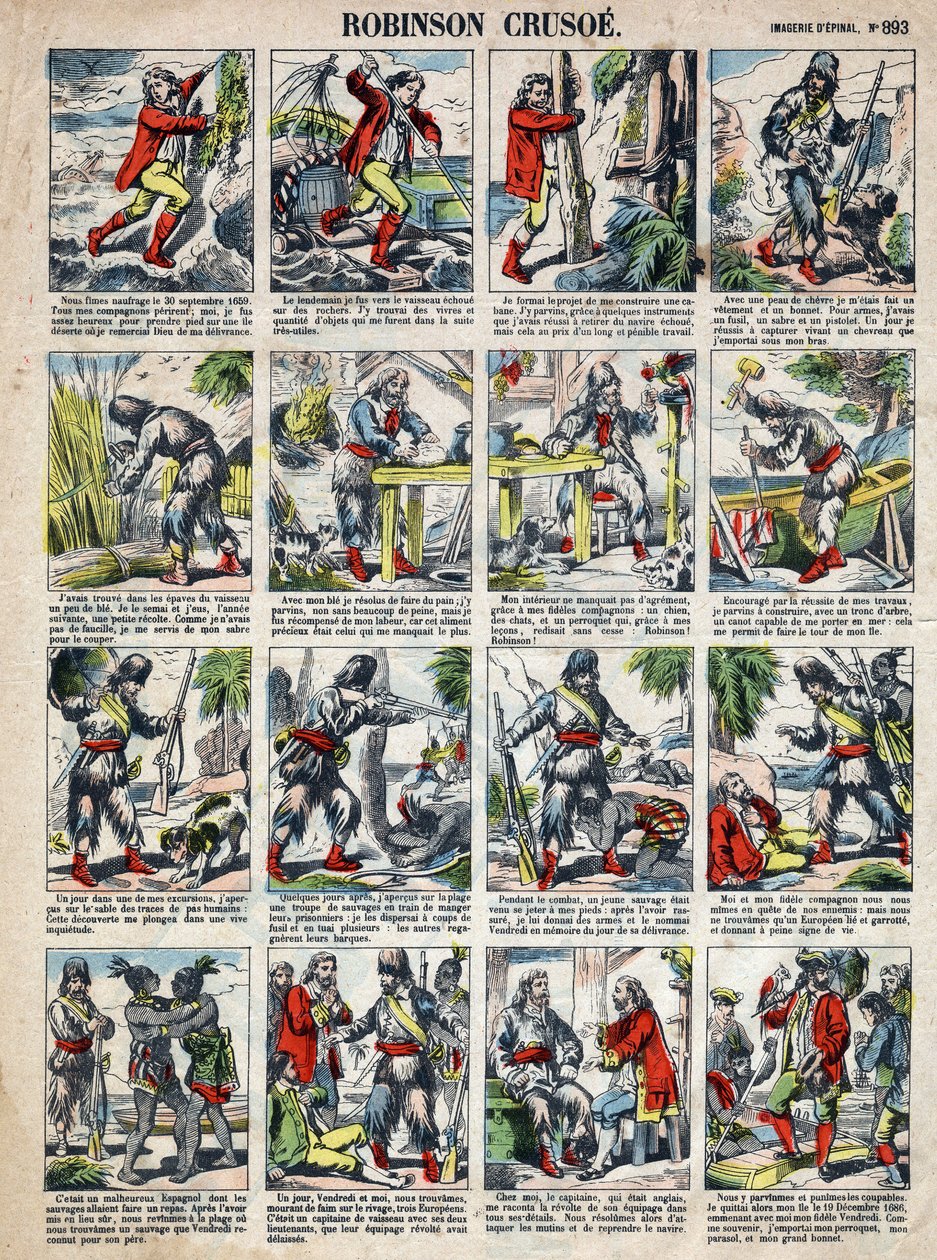 Ilustración para el libro de Daniel Defoe (De foe) “” Robinson Crusoe””. Imagen de Epinal de finales del siglo XIX. de French School