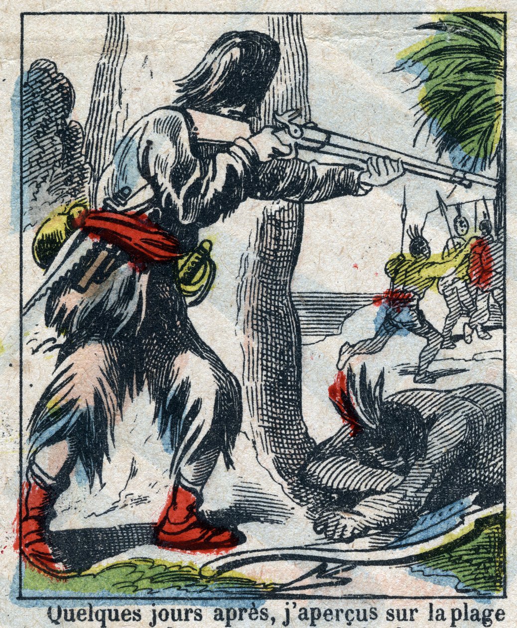 Ilustración para el libro de Daniel Defoe "Robinson Crusoe". Imágenes de Épinal finales del siglo XIX. de French School